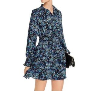 Aqua Black Blue Abstract Dot-Print Long-Sleeve Shirt Dress Size XS